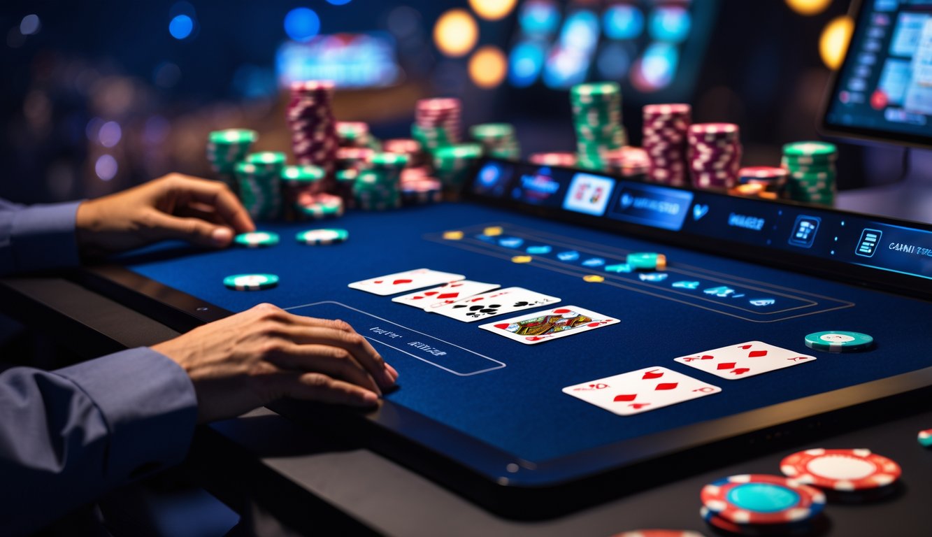 Tampilan meja poker digital lengkap di layar komputer dengan suasana yang profesional dan nyaman.