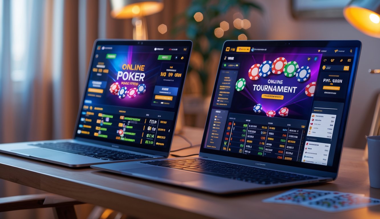 Seorang pemain poker online menggunakan laptop dan ponsel dengan chip dan kartu poker di meja kayu.