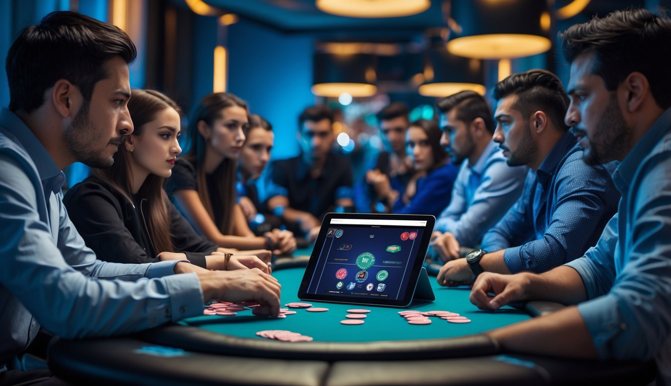 Sekelompok pemain poker online yang serius bermain di meja poker modern dengan perangkat digital, menampilkan suasana kompetitif dan aktif.