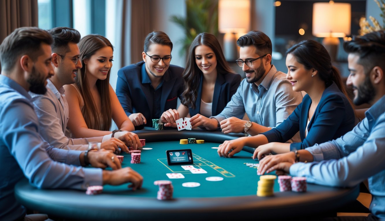 Sekelompok orang bermain poker di meja modern dengan chip dan kartu, beberapa menggunakan perangkat digital, suasana fokus dan ramah.