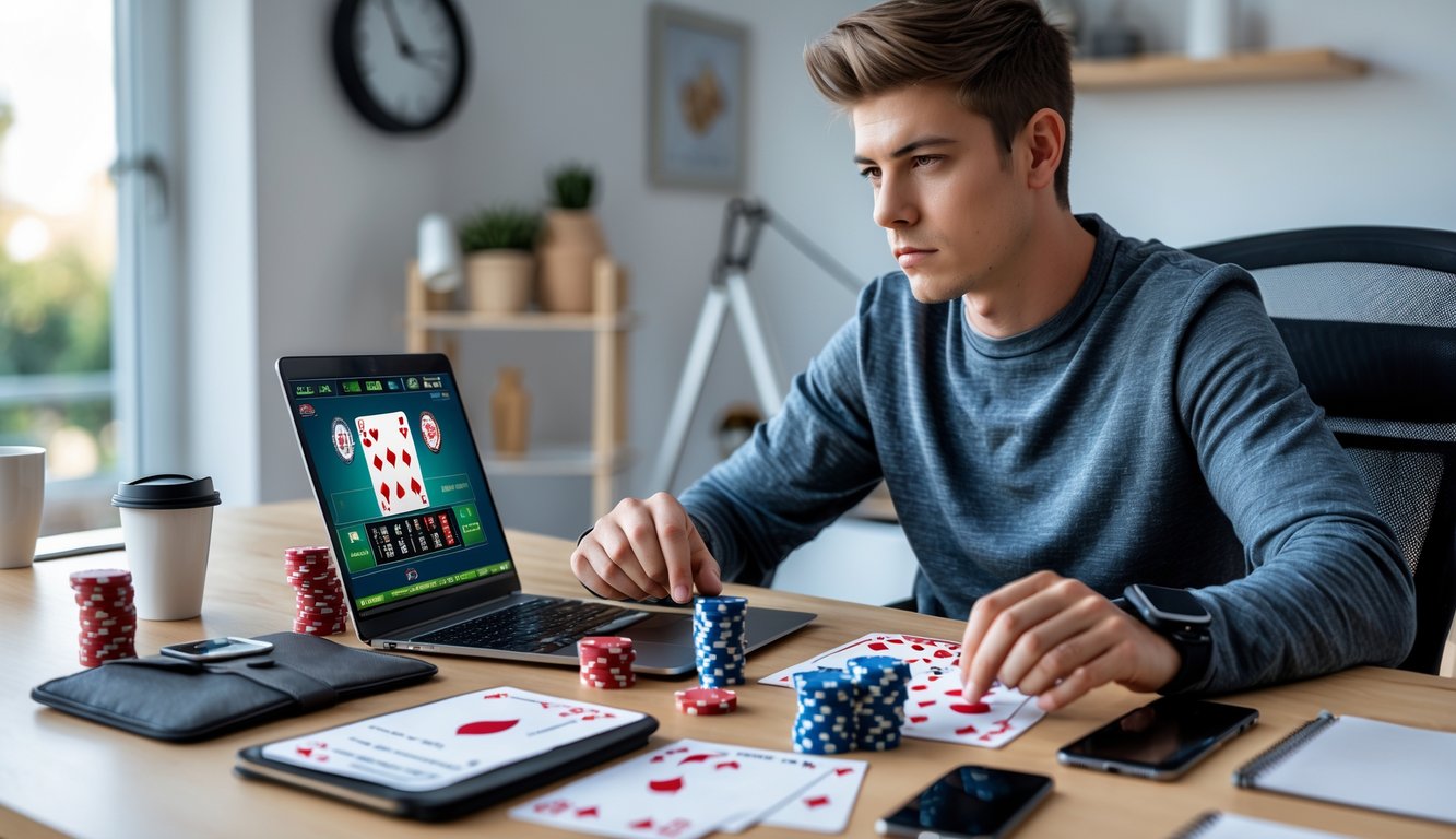 Seorang dewasa muda duduk di meja dengan laptop yang menampilkan permainan poker, dikelilingi oleh chip poker, kartu remi, dan buku catatan di ruang kerja yang terang.