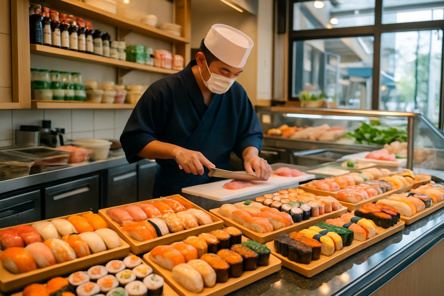 A sushi chef preparing fresh sushi behind a counter with various sushi dishes displayed in a local market setting.