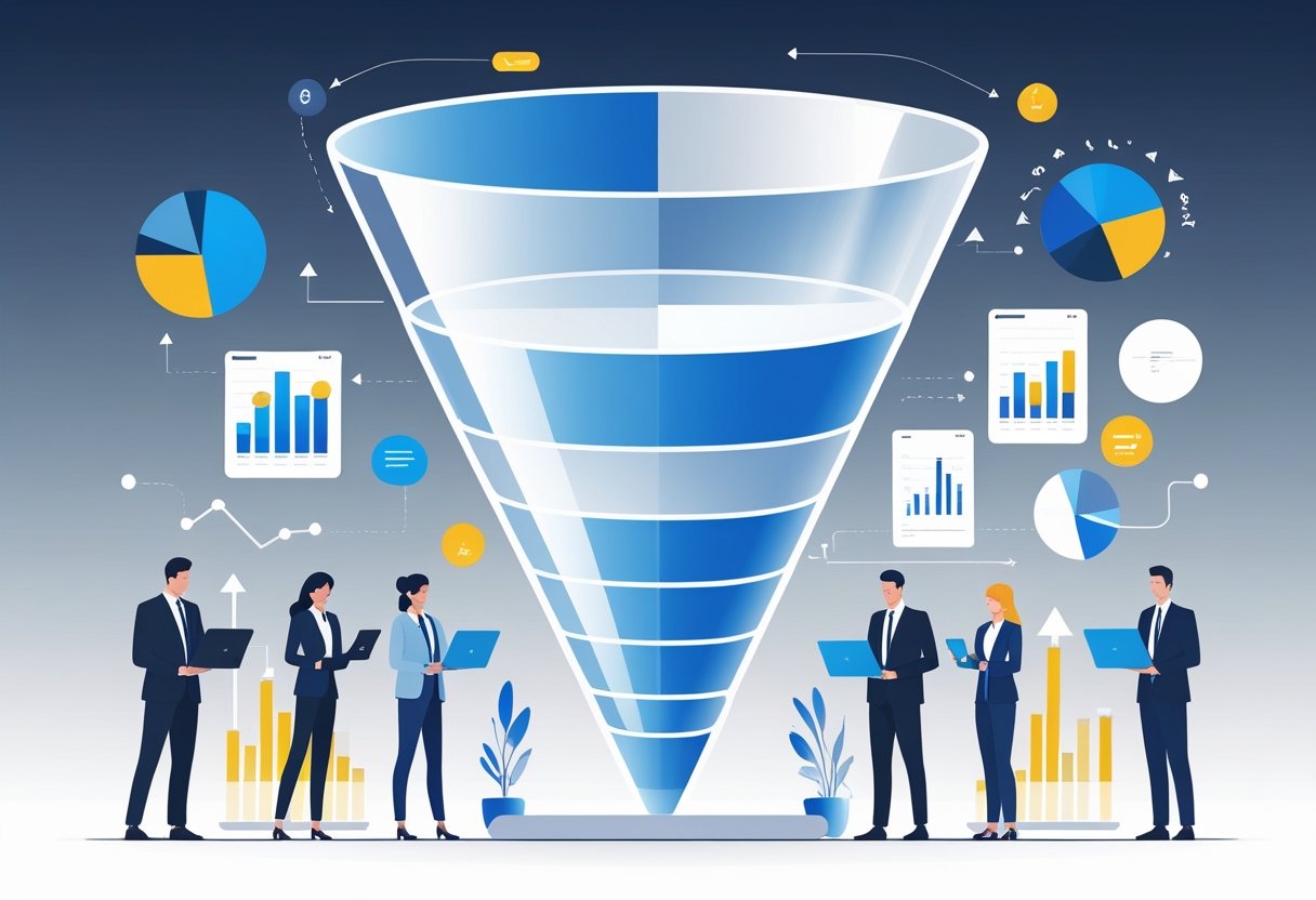 Eine Illustration eines großen Trichters mit mehreren Stufen, umgeben von Geschäftsleuten, die digitale Geräte benutzen und Daten analysieren.