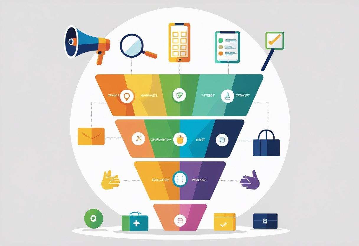 Eine Illustration eines Marketing-Trichters mit mehreren Stufen, die den Fortschritt von potenziellen Kunden durch verschiedene Phasen des Marketings zeigt.