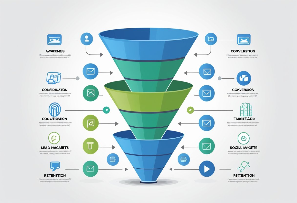 Illustration eines mehrstufigen Marketing-Funnels mit Symbolen für verschiedene Content- und Marketing-Taktiken an jeder Stufe.