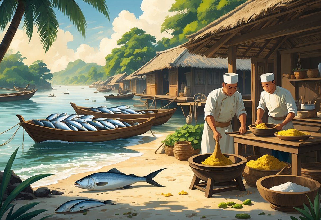 Suasana desa pesisir Indonesia pada abad ke-19 dengan nelayan menurunkan ikan dan seorang koki sedang membuat Pempek di dapur tradisional.