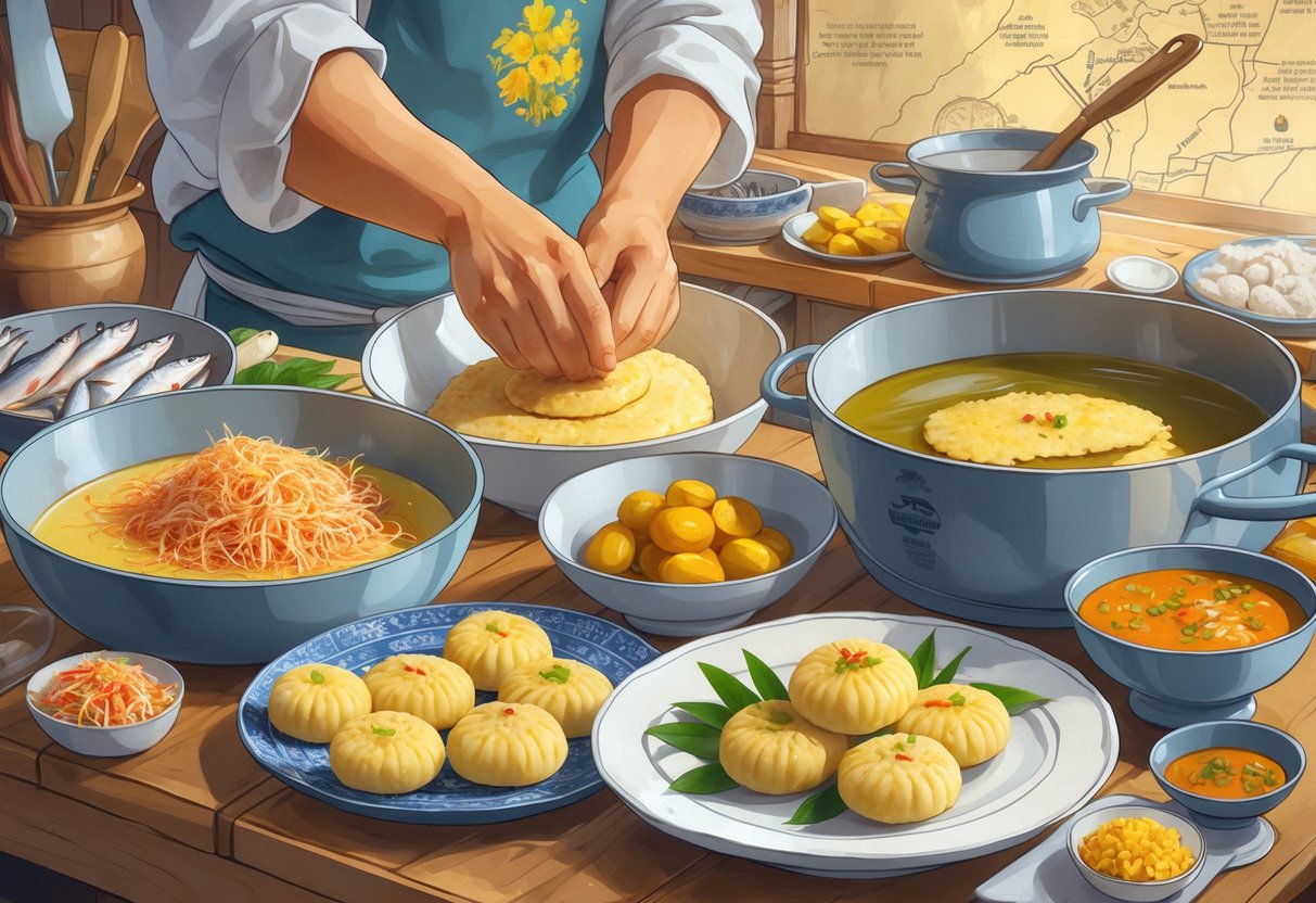 Proses pembuatan Pempek dengan seorang koki yang sedang mengolah adonan ikan, memasak Pempek, dan menyajikannya dengan saus cuko di dapur tradisional.