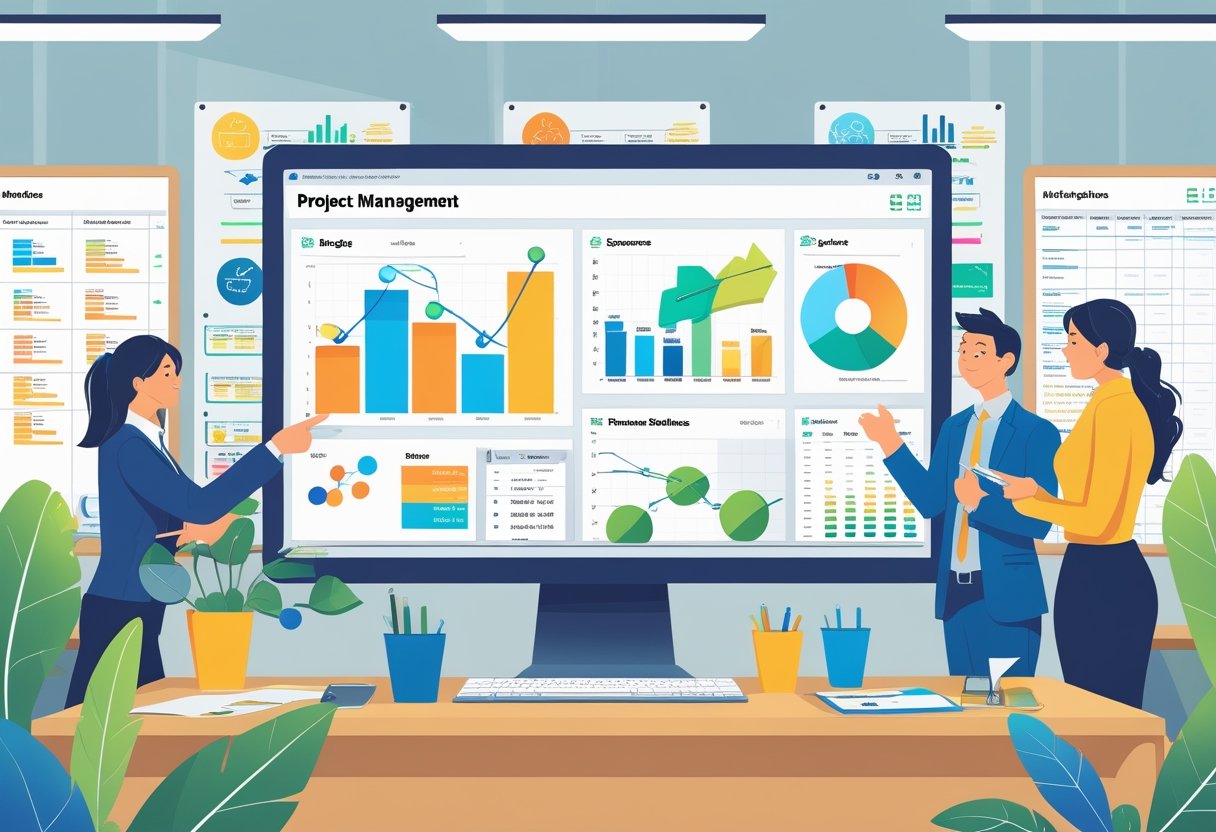 An office workspace with professionals collaborating around a computer screen showing financial charts and project timelines.