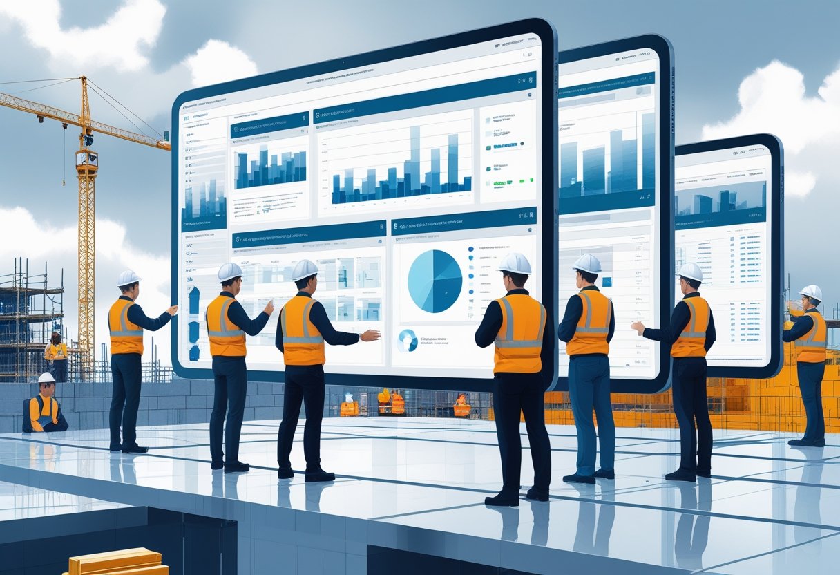 A team of construction managers and engineers working together with digital screens showing project plans and 3D building models, with a UK construction site in the background.