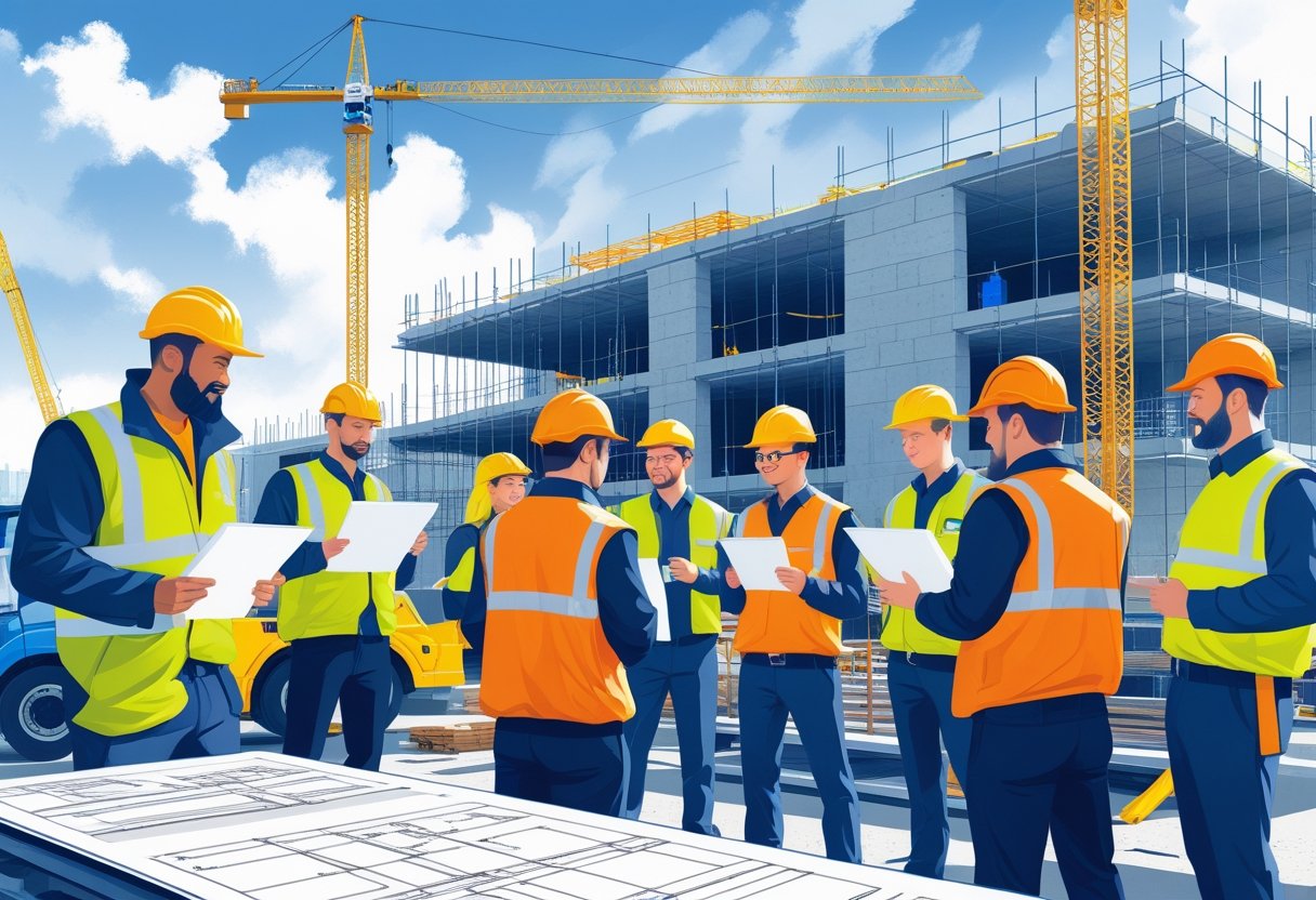 Construction workers and project team members collaborating on a building site with cranes and scaffolding in the background.