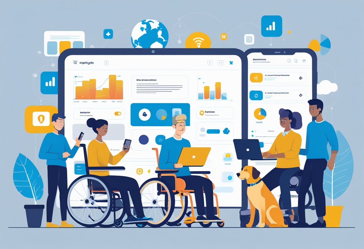 Eine vielfältige Gruppe von Menschen mit und ohne Behinderungen nutzt verschiedene digitale Geräte, die zugängliche Designelemente zeigen, vor einem Hintergrund mit Symbolen für digitales Marketing.