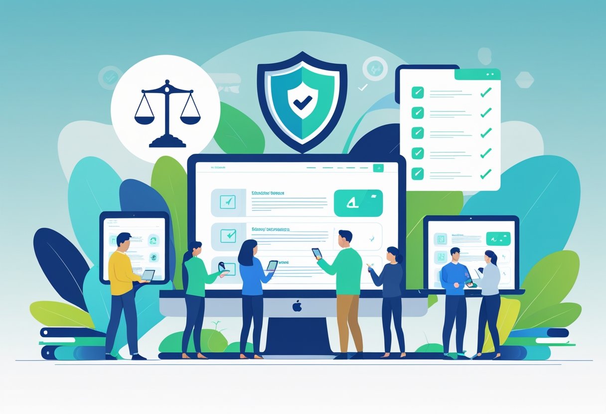 Mehrere Menschen nutzen verschiedene digitale Geräte mit barrierefreien Benutzeroberflächen, umgeben von Symbolen für Recht und Standards wie Waage, Checkliste und Schild.