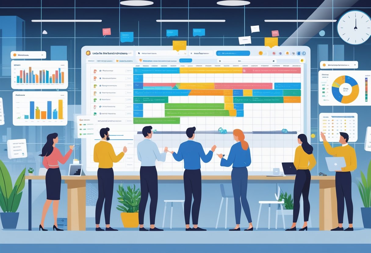 A team of professionals collaborating around a digital board showing task cards and progress charts in an office setting.