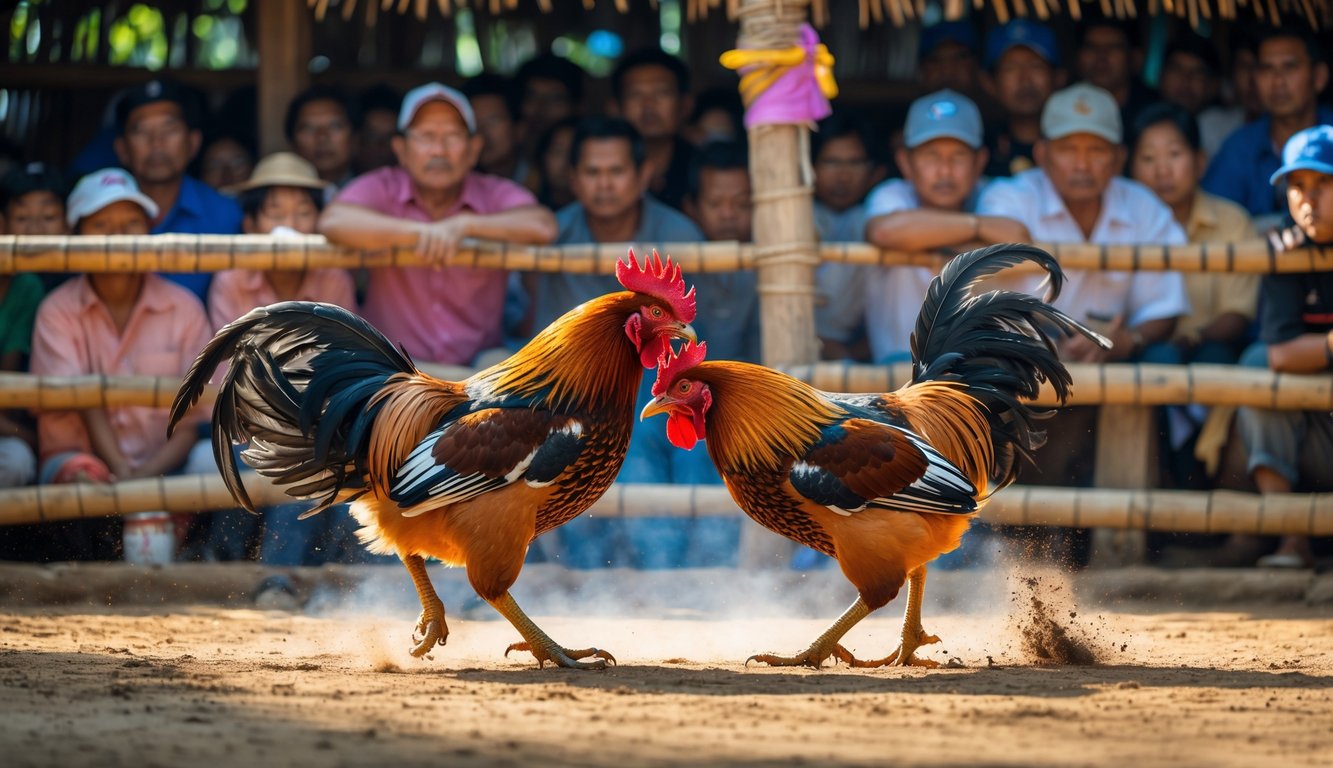 Dua ayam jago sedang bertarung di arena tradisional dengan penonton di sekitarnya.
