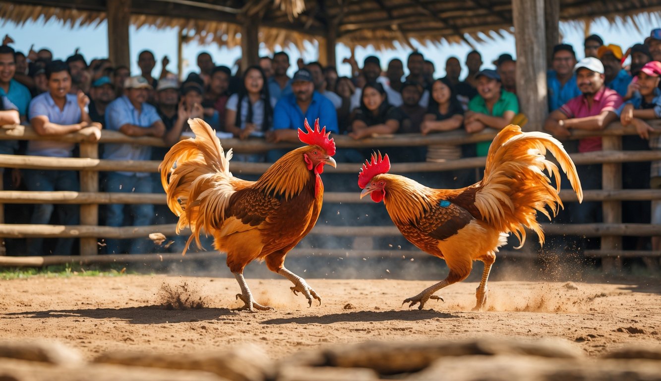 Dua ayam jago sedang bertarung di arena dengan kerumunan penonton yang antusias menyaksikan.