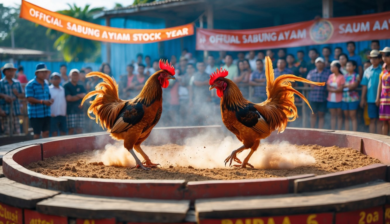 Dua ayam jago sedang bertarung di arena Sabung Ayam dengan penonton yang antusias di sekelilingnya.