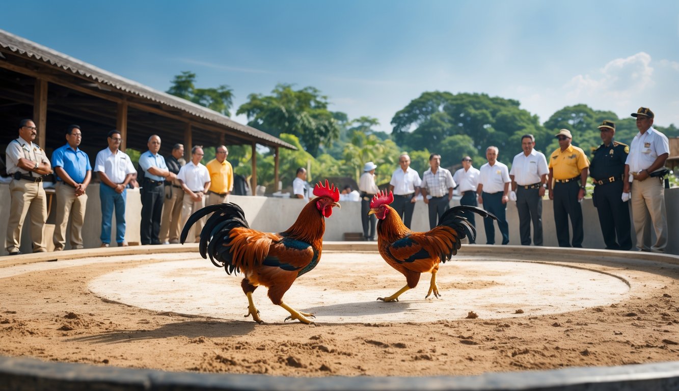 Dua ayam jago sedang bertarung di arena dengan penonton dan petugas keamanan yang mengawasi acara.