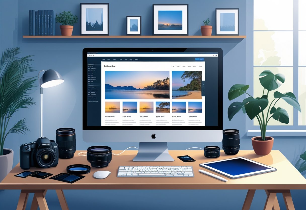 A workspace with a computer showing a photography website layout, surrounded by camera equipment and photo editing tools.