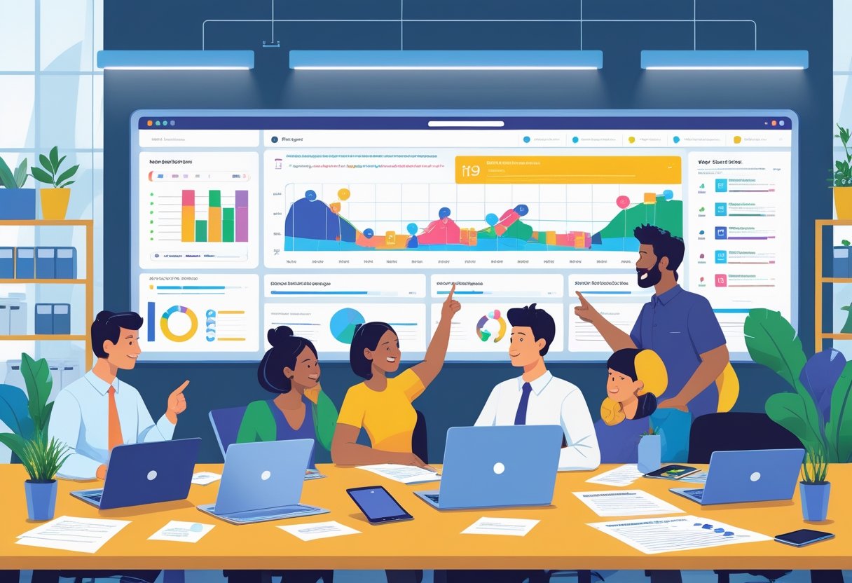 A group of people working together around a table with laptops and a large screen showing a project timeline in a modern office.