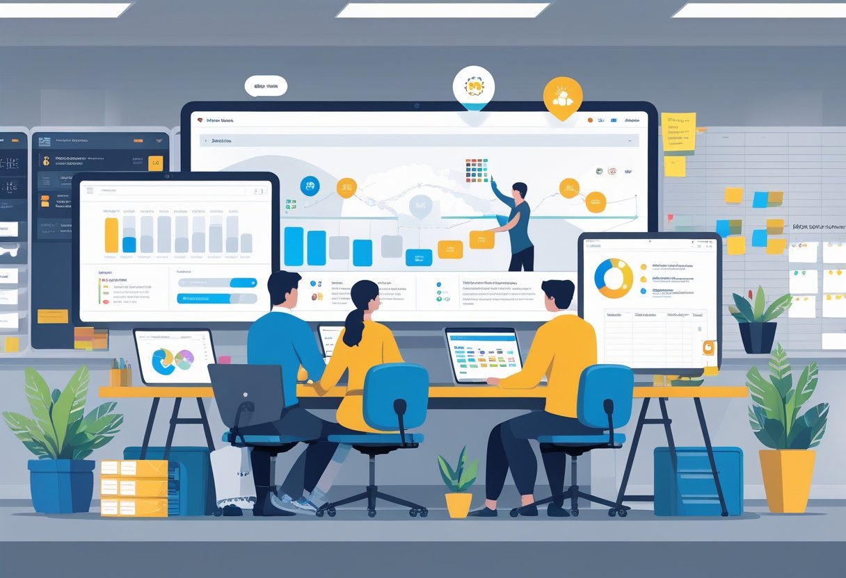 A group of four people working together around a desk with laptops and digital devices showing charts and task boards in a bright office space.