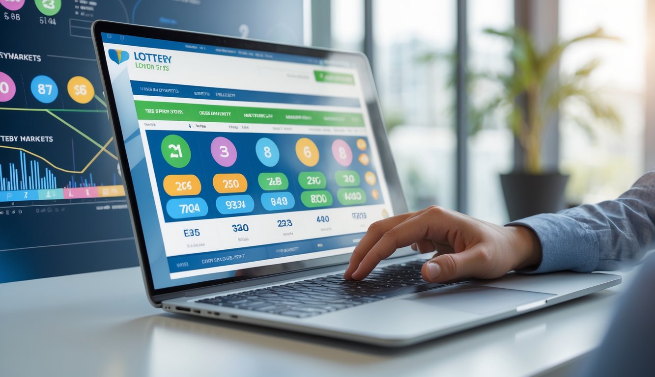 Seseorang menggunakan laptop di meja kerja dengan tampilan antarmuka lotere online yang berwarna-warni dan berbagai pasar lotere.