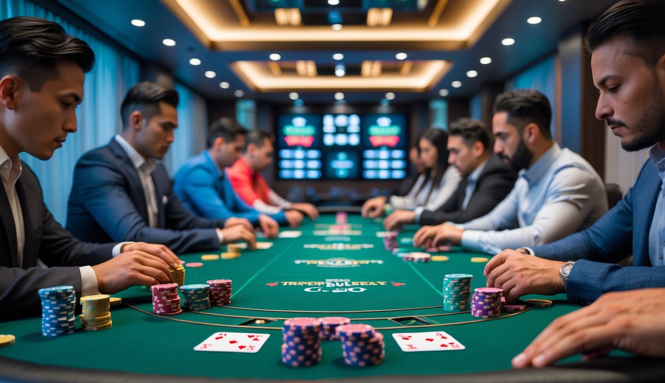 Ruangan poker modern dengan beberapa meja poker dan pemain yang serius bermain kartu dan mengatur chip.