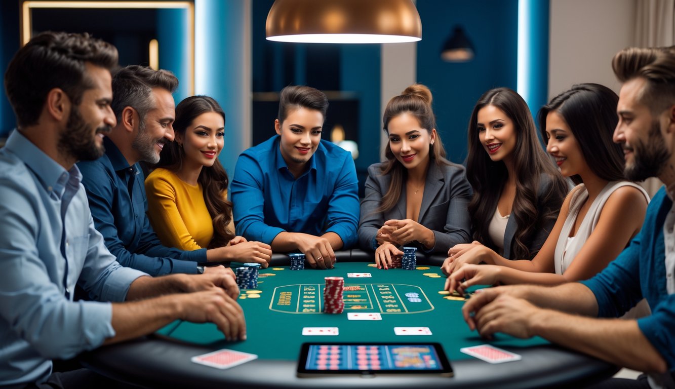 Sekelompok orang bermain poker di meja dengan chip dan kartu, fokus dan serius dalam suasana ruangan modern.