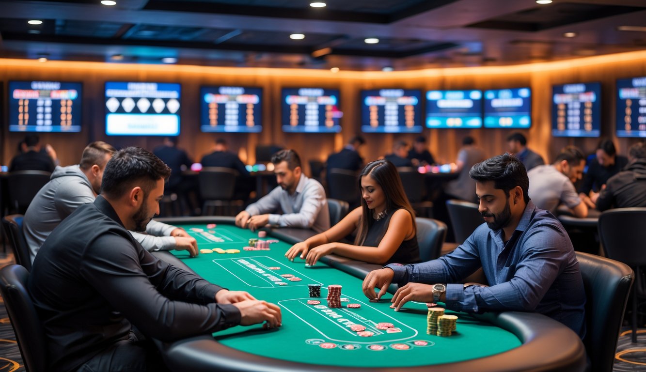 Ruangan poker dengan beberapa meja dan pemain yang sedang bermain poker dalam suasana turnamen aktif.