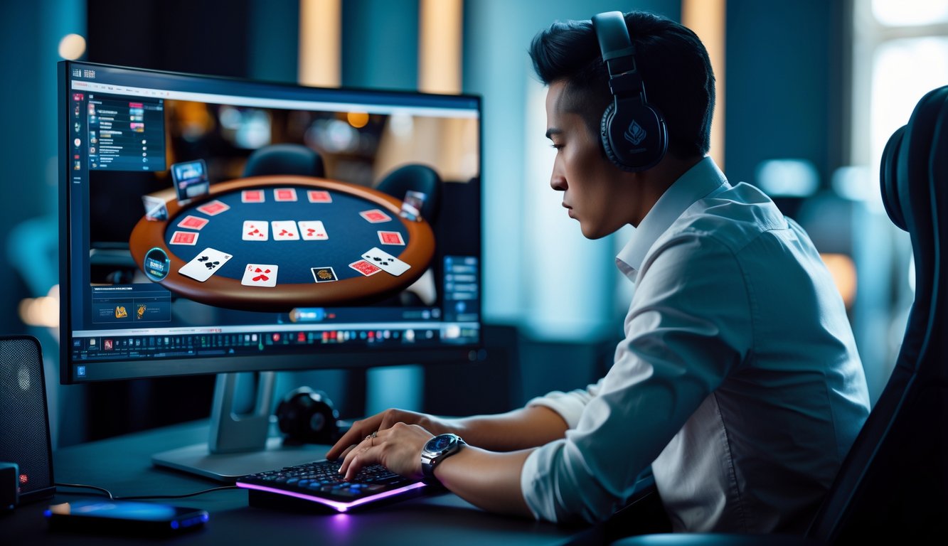 Seorang pria fokus bermain poker online di depan komputer dengan meja poker digital dan chip terlihat di layar.