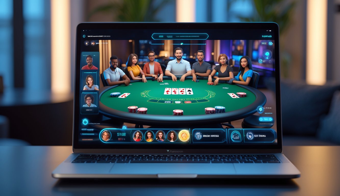 Seseorang bermain poker online di laptop dengan tampilan meja poker digital yang realistis dan fitur interaktif.