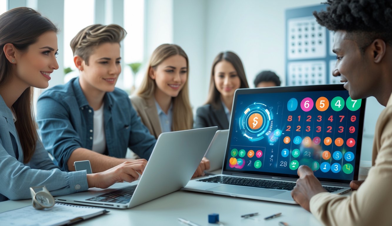 Sekelompok orang menggunakan laptop dan ponsel di kantor yang terang, menunjukkan proses cepat dan mudah dari layanan togel online terpercaya.