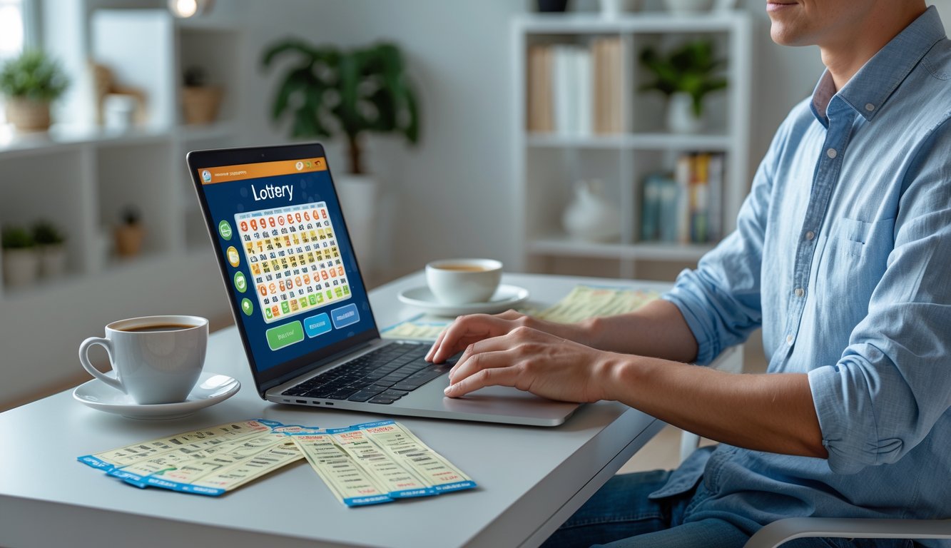 Seseorang duduk di meja dengan laptop dan tiket togel di ruang tamu yang nyaman dan rapi.