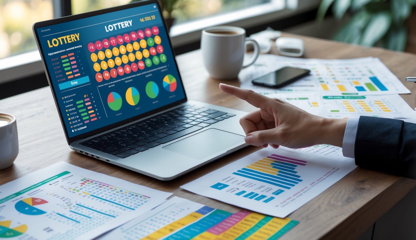Meja kerja dengan laptop yang menampilkan grafik dan data statistik togel, tangan menunjuk layar, serta kertas dengan angka-angka di atas meja.