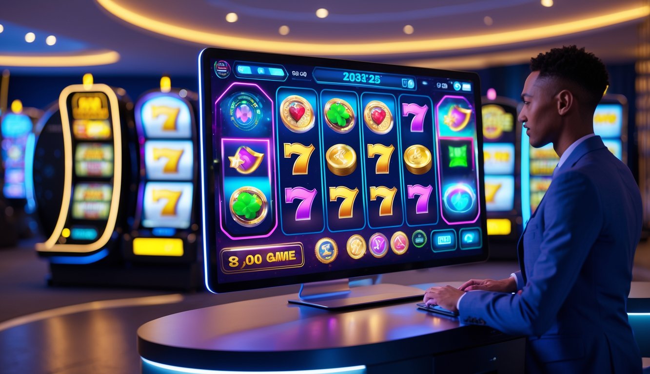 Seorang pengguna sedang berinteraksi dengan layar sentuh yang menampilkan beberapa permainan slot online berwarna-warni di ruangan modern dengan pencahayaan neon.