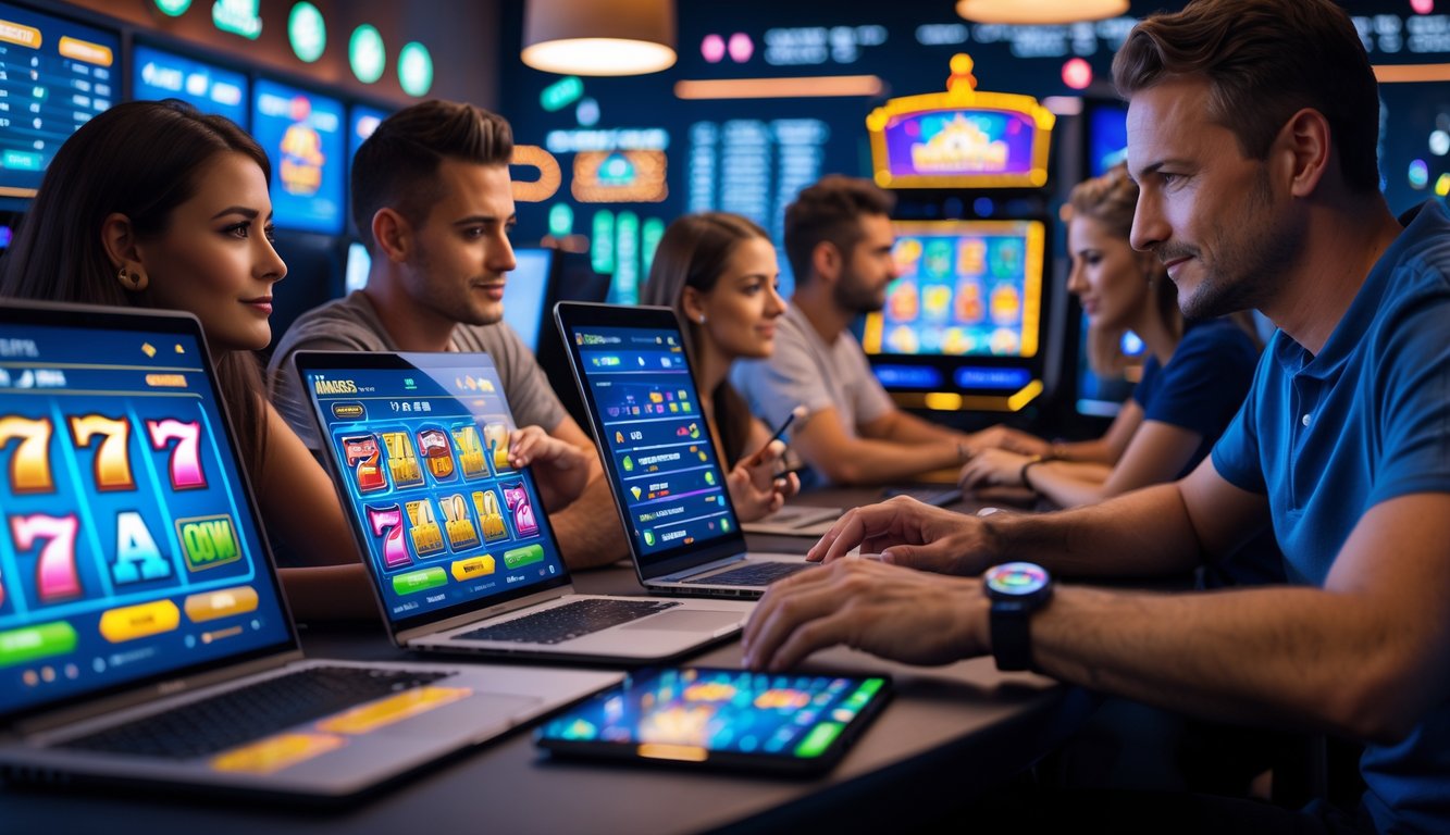 Beberapa orang menggunakan perangkat digital untuk bermain slot online di ruangan yang terang dan modern.