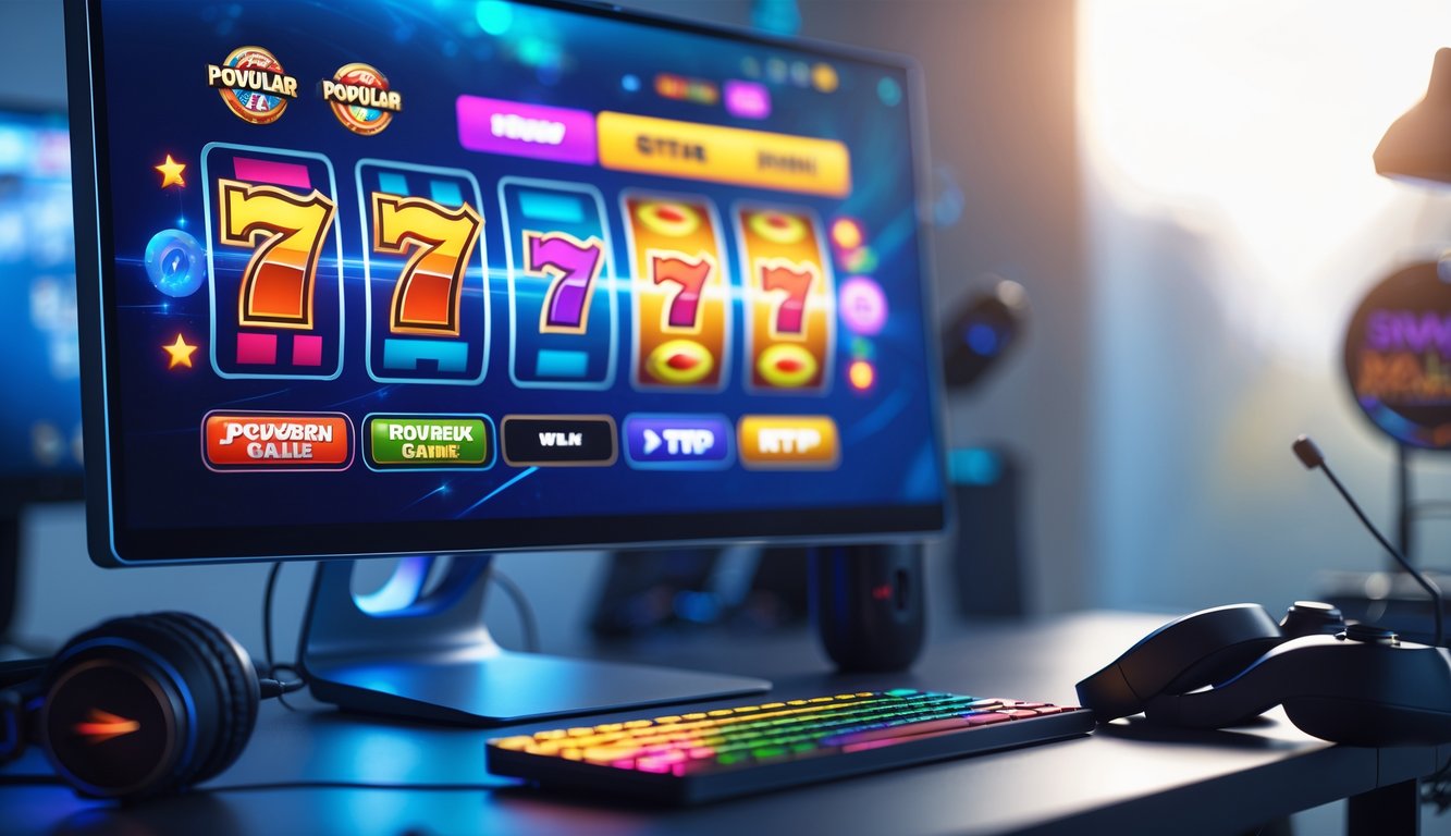 Sebuah meja kerja modern dengan layar komputer menampilkan permainan slot online yang berwarna-warni dan aksesori gaming di sekitarnya.