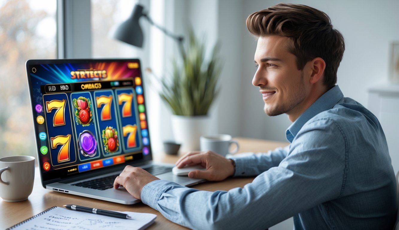 Seorang dewasa muda duduk di meja dengan laptop bermain permainan slot online, terlihat fokus dan percaya diri di ruang kerja rumah yang rapi.
