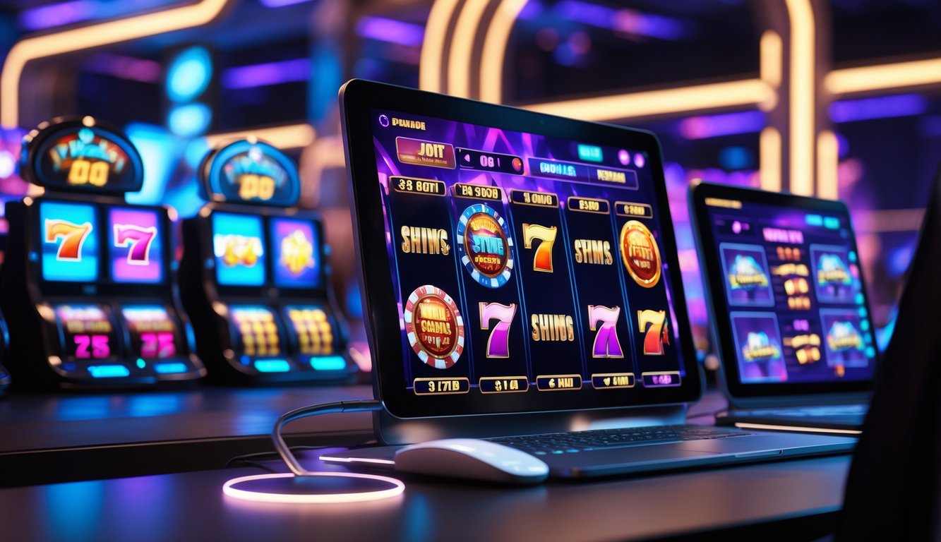 Tampilan perangkat digital dengan permainan slot online berwarna-warni dan fitur bonus menarik di meja kerja modern.