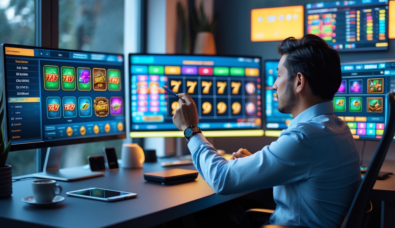 Seorang pria dewasa duduk di depan beberapa layar komputer yang menampilkan permainan slot online dan grafik, terlihat fokus menganalisis pola di ruang kerja modern.