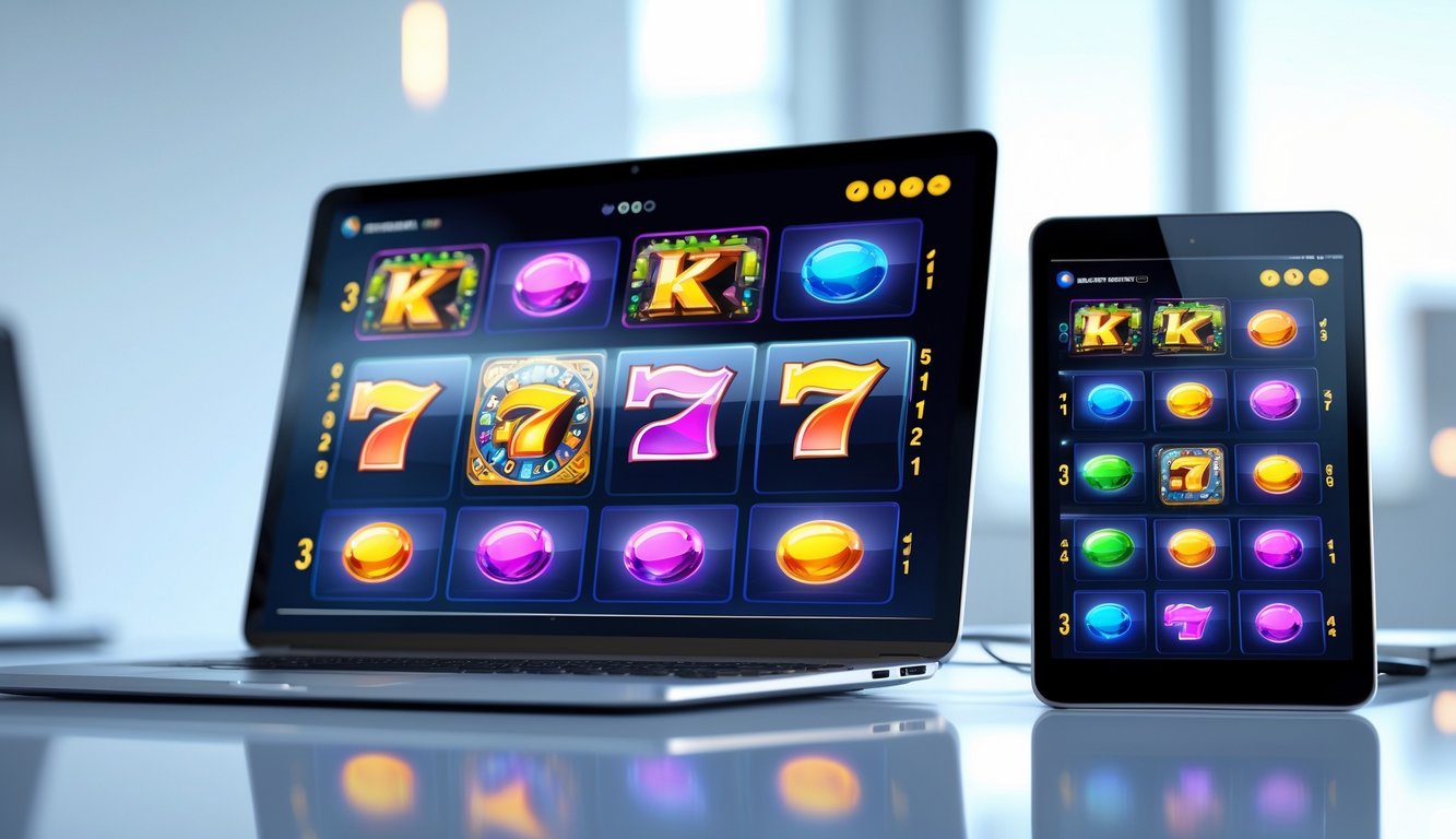 Tampilan antarmuka permainan slot online modern pada laptop, tablet, dan ponsel di atas meja kerja.