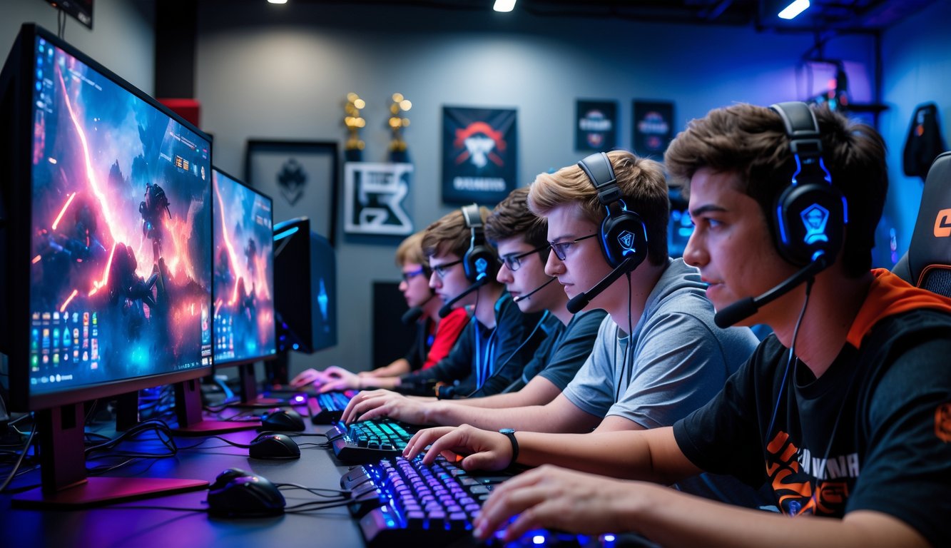 Sekelompok orang muda sedang bermain game e-sport secara online dengan komputer dan headset di ruangan gaming yang modern.