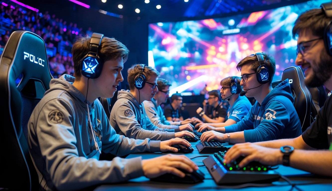 Sejumlah pemain e-sport profesional sedang bermain dengan fokus di depan komputer dalam arena pertandingan yang ramai dengan penonton yang antusias.