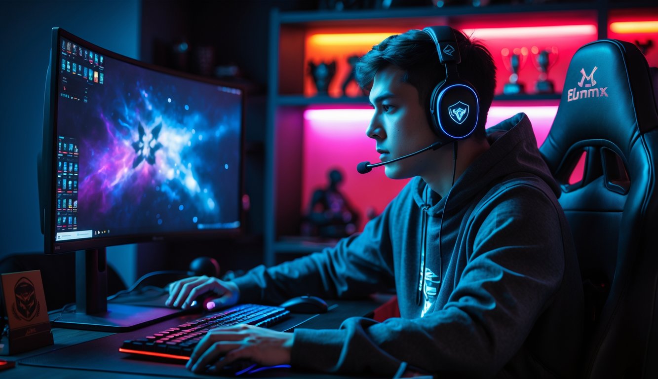Seorang pemain game muda yang fokus bermain e-sport online di depan monitor besar dengan headset di ruang dengan pencahayaan warna-warni.