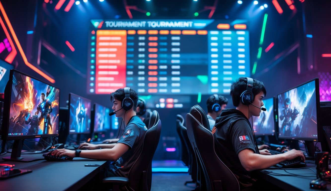 Sejumlah pemain e-sport sedang bermain di depan komputer dengan layar besar menampilkan jadwal turnamen dan pembaruan waktu nyata.