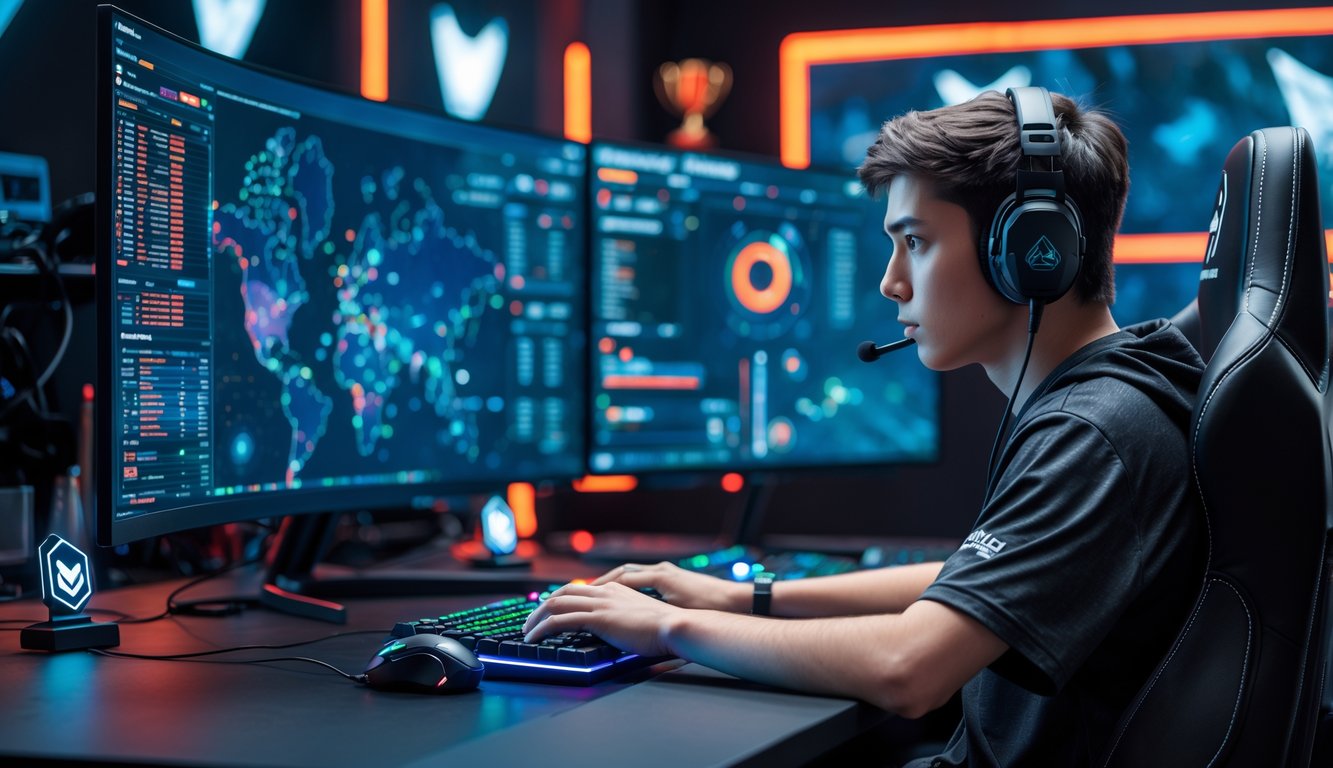 Seorang pemain e-sport muda sedang menganalisis data permainan di depan beberapa monitor di meja gaming.