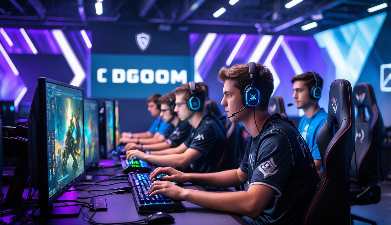 Sekelompok pemain muda sedang bermain game online secara kompetitif di ruang e-sport modern dengan peralatan gaming lengkap.