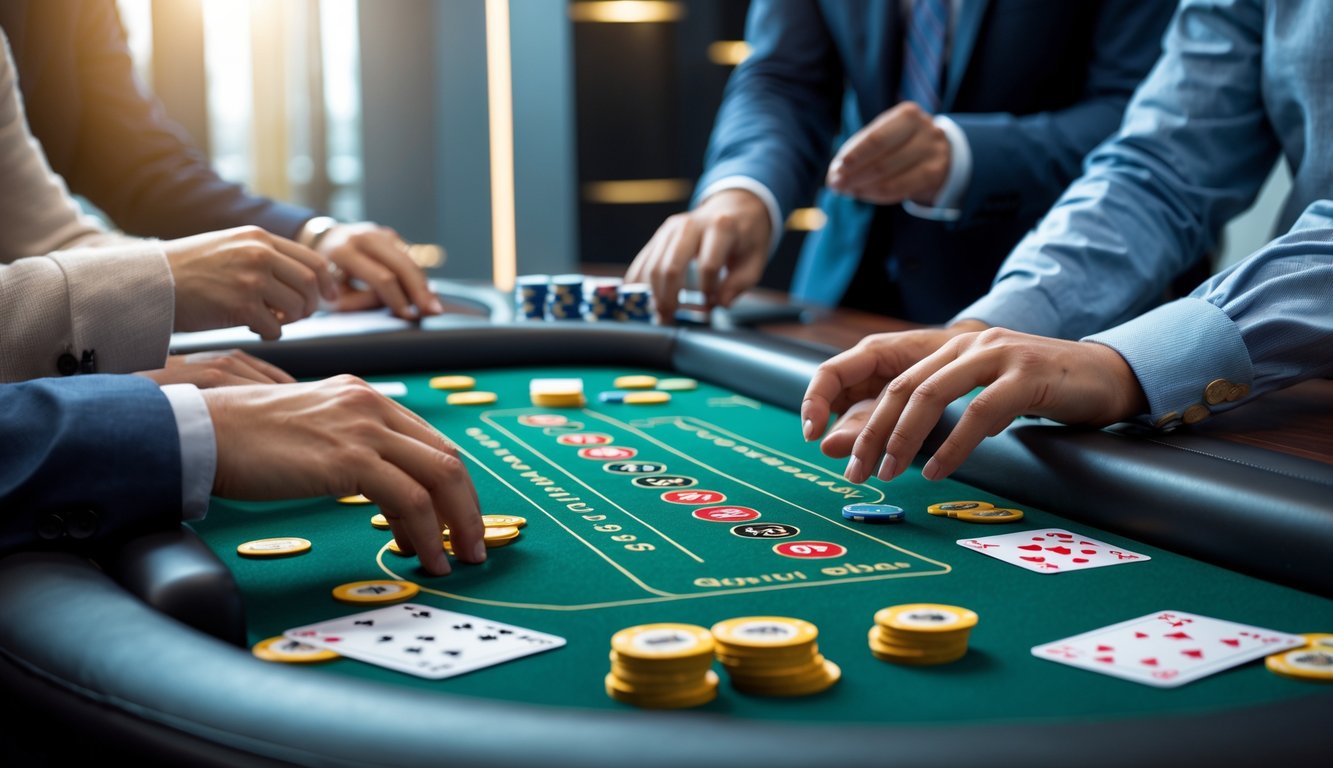 Tampilan meja permainan blackjack online dengan kartu dan chip virtual serta tangan pemain yang sedang bertaruh.