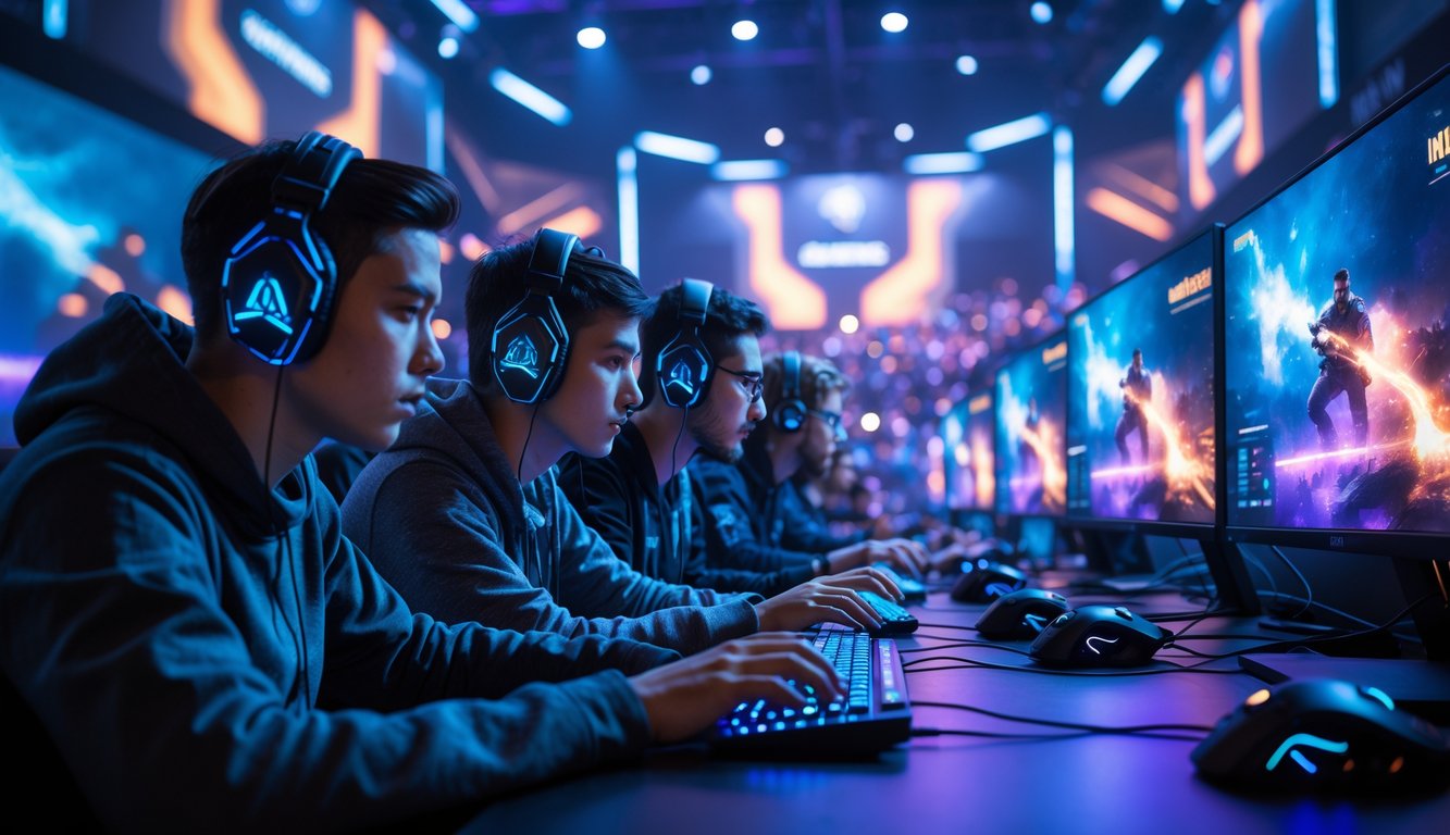 Sekelompok pemain e-sport fokus bermain di arena game dengan lampu neon biru dan ungu, layar besar menampilkan aksi permainan yang intens.