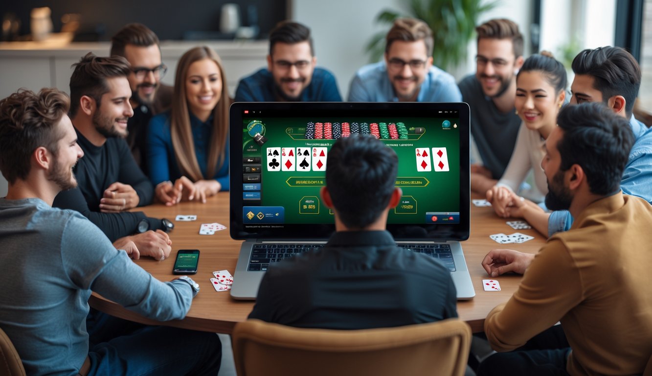 Beberapa orang bermain blackjack online bersama di depan layar komputer dengan kartu dan chip di meja.