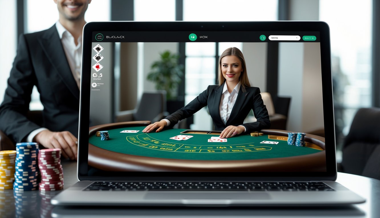 Seorang dealer profesional sedang mengawasi permainan blackjack online di depan layar perangkat digital.